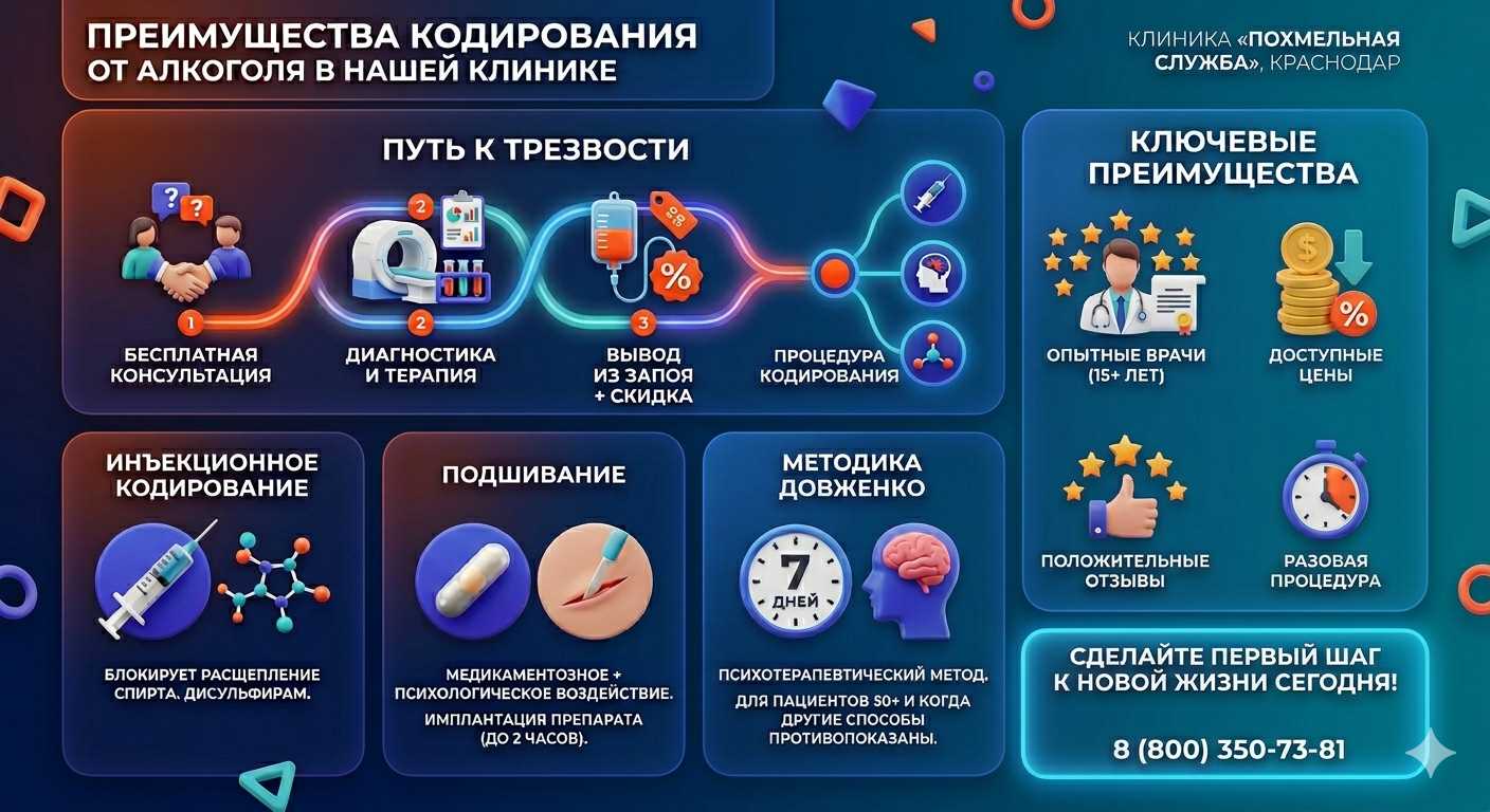Инфографика о методах кодирования от алкоголя в Богандинском: инъекции, подшивание, метод Довженко. Преимущества клиники и этапы лечения.