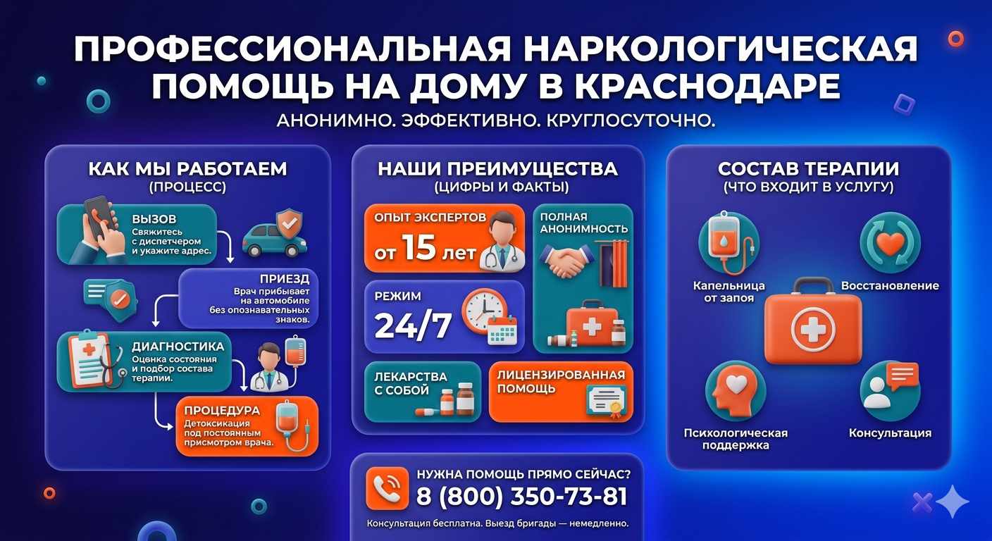 Инфографика о принципах лечения алкоголизма на дому в Богандинском: этапы вызова нарколога, преимущества анонимной детоксикации и состав медицинской помощи.